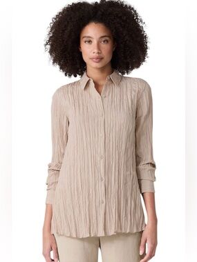 Eileen Fisher Crinkle Silk Habutai Classic Collar Shirt Sz M Wheat NWT